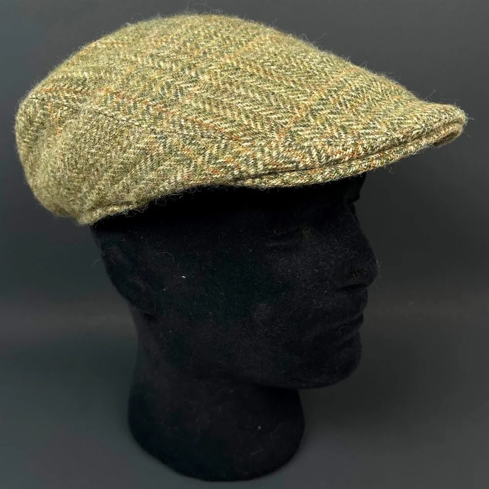 Vintage Hanna Hats Donegal Tweed Flat Cap Men M Green Herringbone Wool Ireland